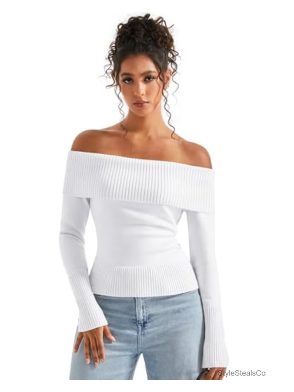 Off Shoulder Ribbed Knit Pullover Sweater Long Sleeve Fitted Casual Top